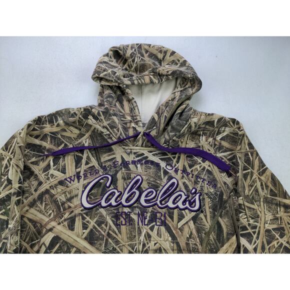 Cabelas Grass Camo Hoodie Pullover Sweatshirt SZ S Purple Embroidered Spell Out - Picture 3 of 10